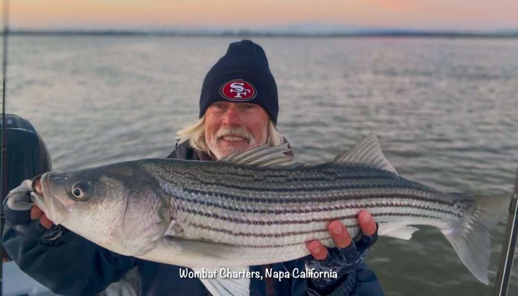 Napa River Striped Bass caught on a fishing charter with Wombat Charters Guide Service