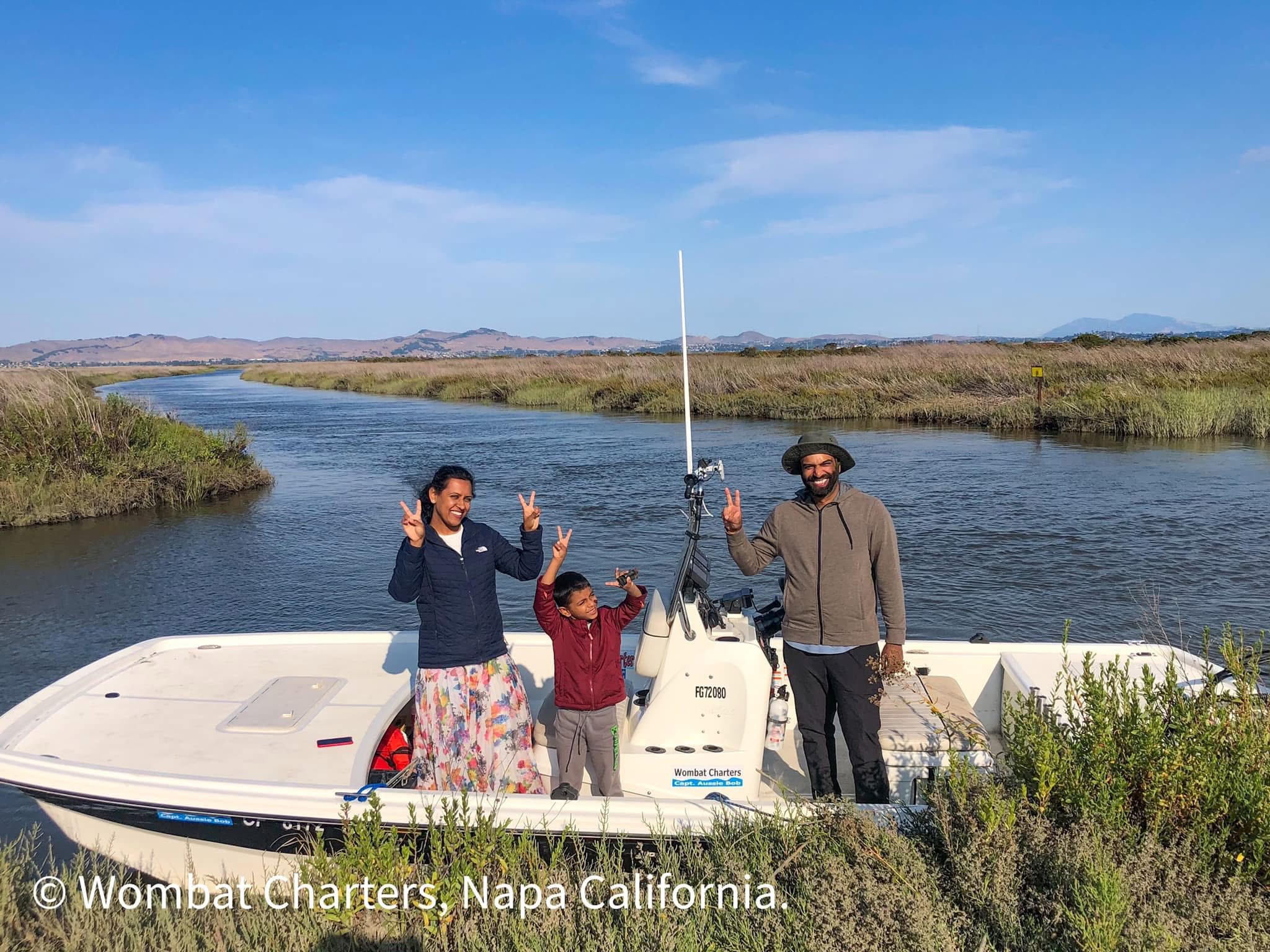 A family getting away and sharing quality time in the outdoors on a Napa River Wetlands boat cruise.